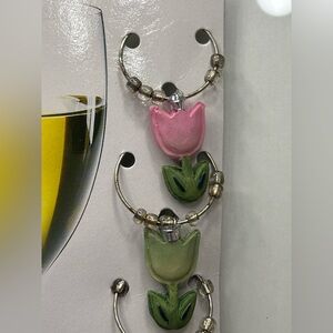 6pc Tulip Flower Wine Glass Markers Charms Set Beaded Stem Rings Identification